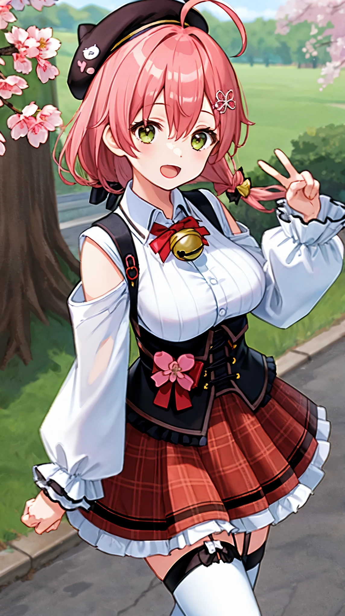 masutepiece, Best_Quality, hight_resolution, miko2,Ponytail, 1girl, Ahoge, black headwear, Hair Ornament, White shirt, black thighhighs, Pink hair, Red_skirt, very_short_skirt, plaid skirts, garter_strap, Collared shirt, hair clips, frilld, Bangs, hair between eye, frills skirt, beret, Pleated skirt, Hair Flower, Neck bell, , puffy long sleeves, Black bow, Underbust, Smile, (large_breasts:1.3),covered_nipples, green_eyes, happy, dynamic_angle,open_legs,(big_smile:1.2),plump,open_mouth,shout,half_eyes,cherryblossom_park_landscape_background,