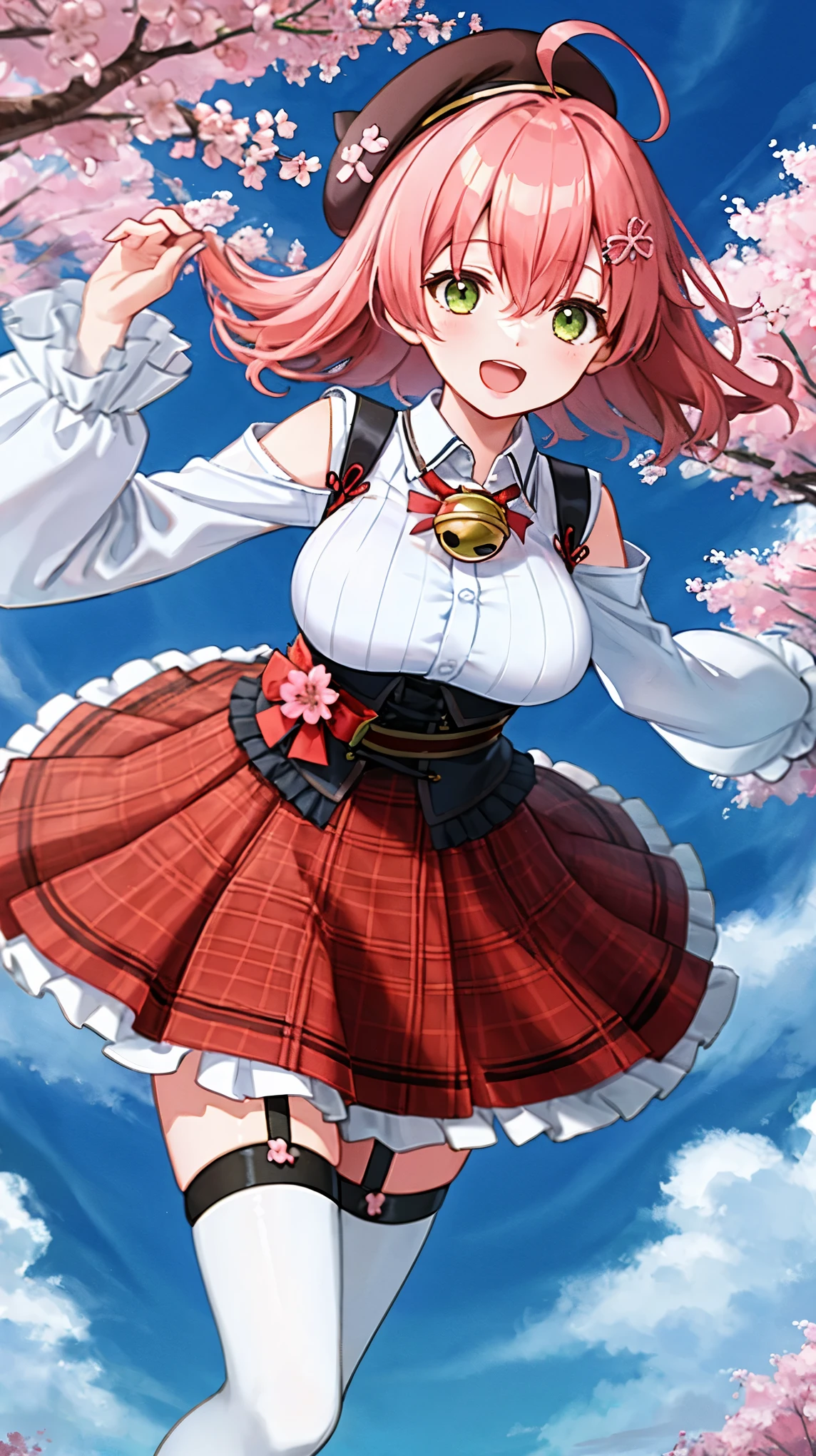 masutepiece, Best_Quality, hight_resolution, miko2,Ponytail, 1girl, Ahoge, black headwear, Hair Ornament, White shirt, black thighhighs, Pink hair, Red_skirt, very_short_skirt, plaid skirts, garter_strap, Collared shirt, hair clips, frilld, Bangs, hair between eye, frills skirt, beret, Pleated skirt, Hair Flower, Neck bell, , puffy long sleeves, Black bow, Underbust, Smile, (large_breasts:1.3),covered_nipples, green_eyes, happy, dynamic_angle,open_legs,(big_smile:1.2),plump,open_mouth,shout,half_eyes,cherryblossom_park_landscape_background,