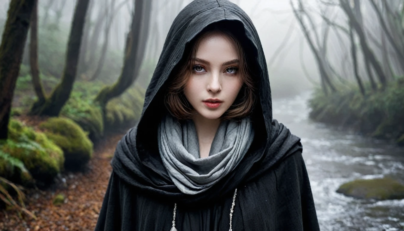 ((masterpiece, Fantasy,The hood is pulled down so deeply that it is hard to see.,Black paint on eyelids and cheeks, A beautiful girl is far away, Wizard)), Brown hair with wavy ends,short hair,Pale skin, Dirty black heavy hooded cloak, 汚れたdark緑のワンピース,assassin, Robe over grey clothes, forest, Small River, fog,Thin lips,Looking down, dark, night,A worn grey scarf around the neck