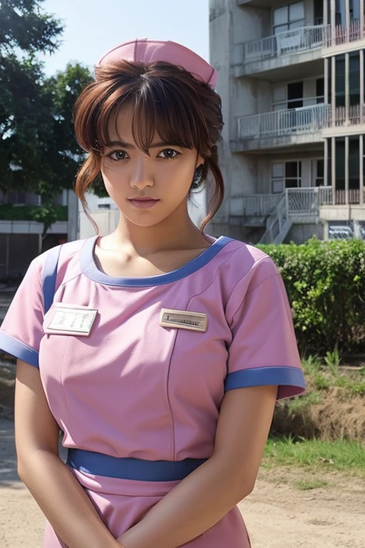 nurse、Big Breasts、Beautiful breasts、beautiful girl、Exposed breasts、Torn uniform、Small face、Anxious face、Japanese、Medium Hair、Ruins in the background