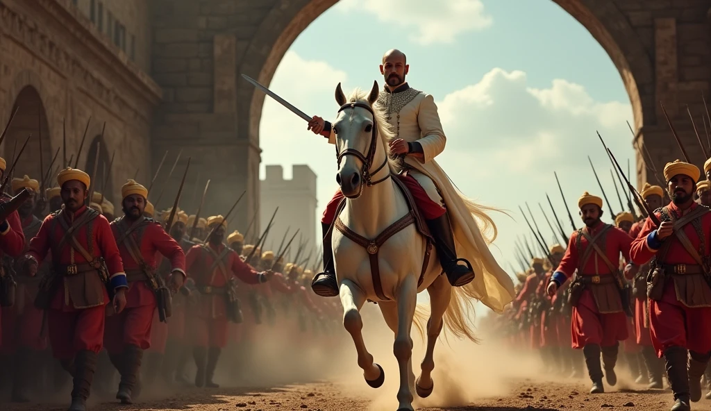18th century Tipu Sultan of Mysore with bald head and handlebar moustache with clean shaven chin and head wearing a silky muslin white gown holding a turkish arched steel sword in right hand riding a white horse surrounded by his bodyguards wearing turbans running behind him and holding blunderbuss guns emerging from a 6 feet dark stone arched tunnel of fort srirangapatna charging towards the British soldiers in red uniform who are targeting and firing with muskets from their opposite side in a very realistic UHD landscape resolution in broad daylight condition