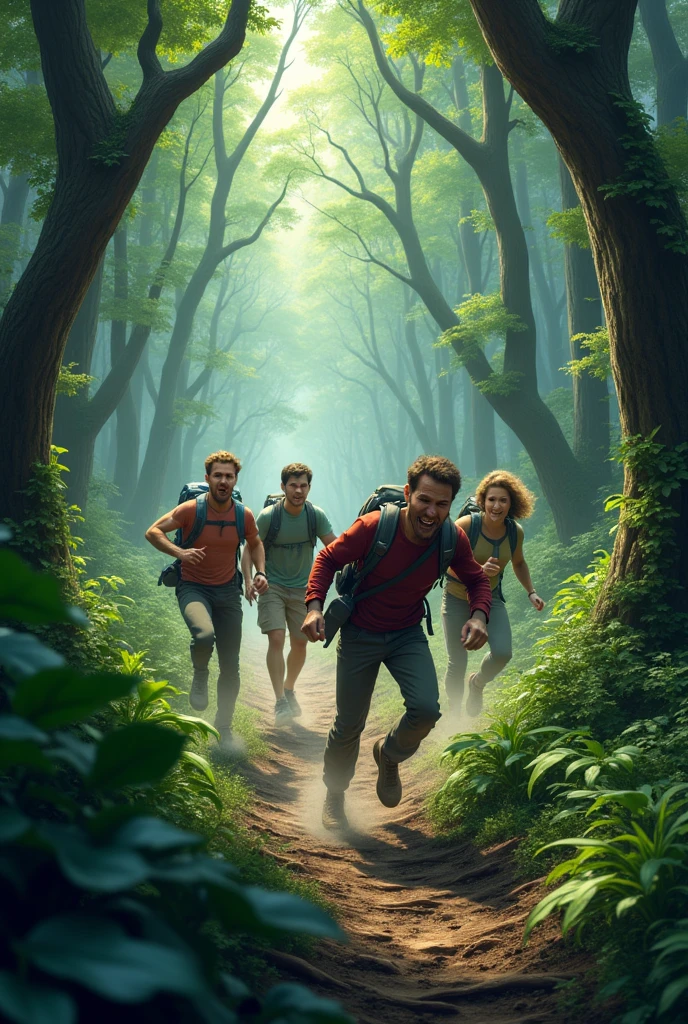 Hikers panicking and running through the forest.       Image  ratio 9:16