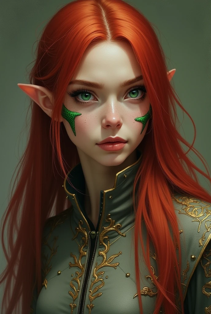 half-elf sorceress with long red straight hair, with piercing green eyes, in a gray jacket with gold embroidery, with green dragon scales on his cheeks