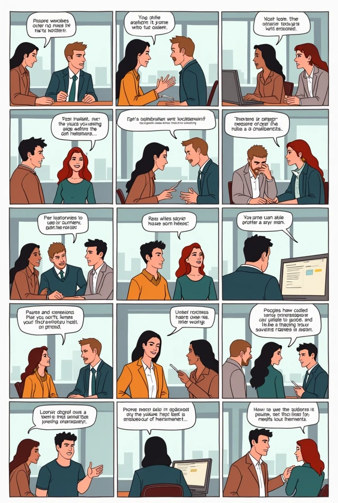 A 19-frame comic strip where the rules for collaborating are practiced