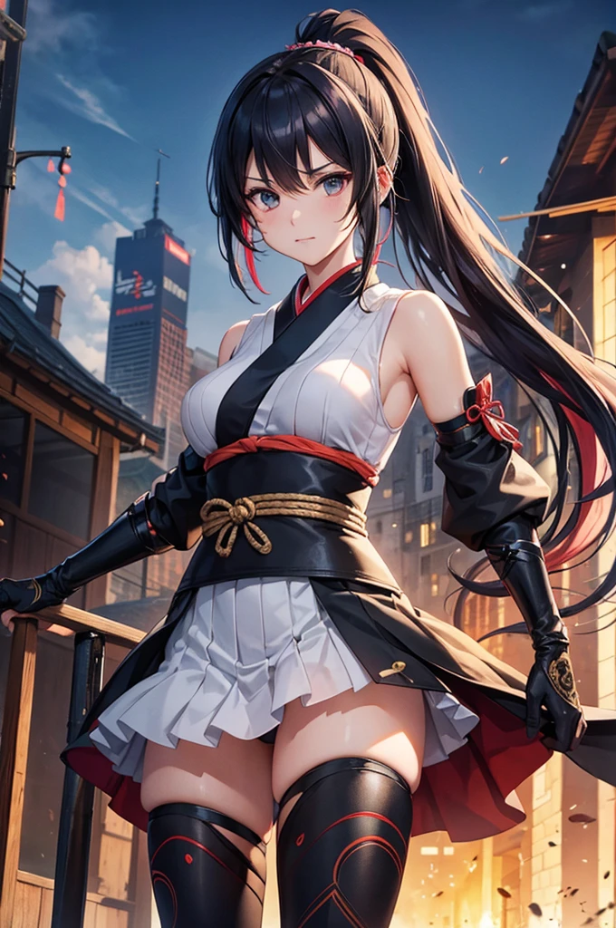 masterpiece,best quality,extremely detailed CG,ultra-detailed,1woman,ninja,elaborately designed japanese style clothes,skinny,ponytail,multicolored hair,open stance,serious,sleeveless,over-kneehighs,mask,