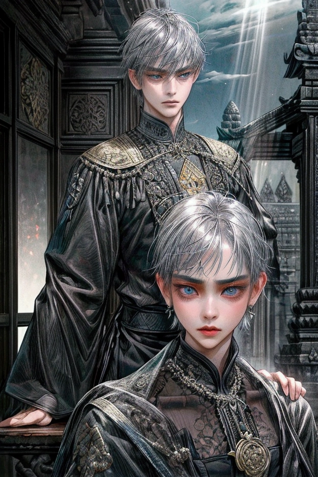 Couple, black hair, javanese style, masterpiece, best quality, realistic, quiet and charming, 29 years old, blue eyes, serious, extremely detailed face, cold,((short swept gray hair)), [ eyebrows], black suit, prambanan temple, accurate, detailed