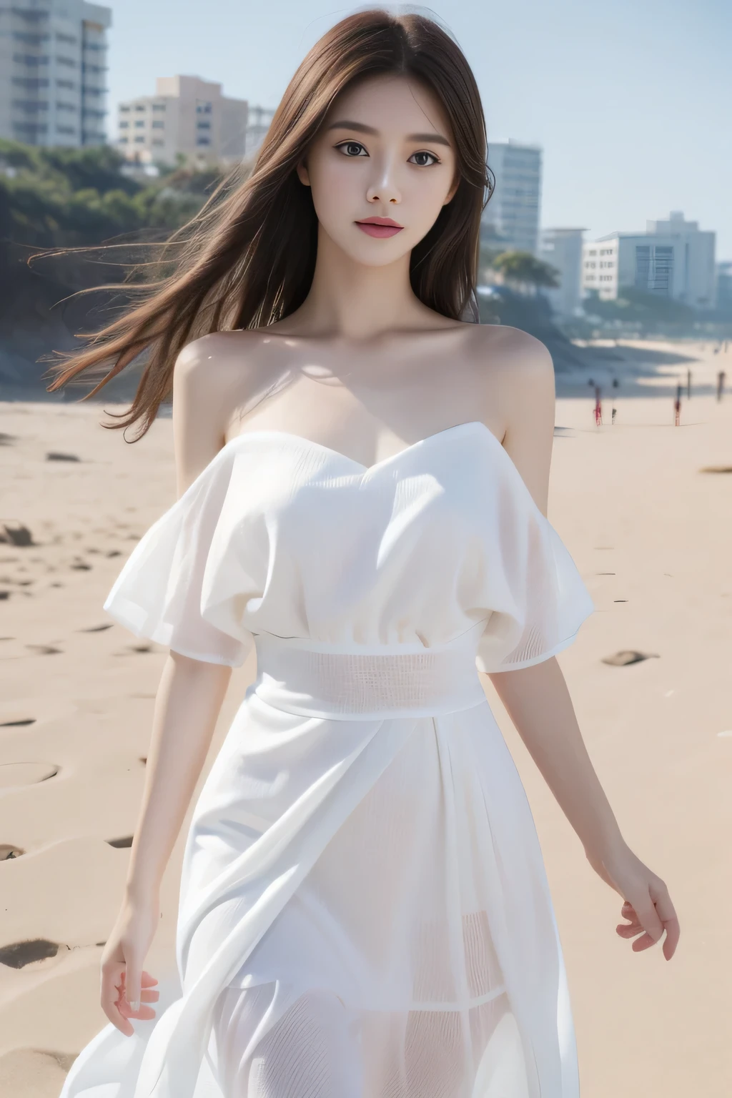 1 Girl,high resolution, high quality, masterpiece, mxmk white dress, Bare shoulders, Purple Eyes, White Dress, Weaving, Influence, Beach,White sky,