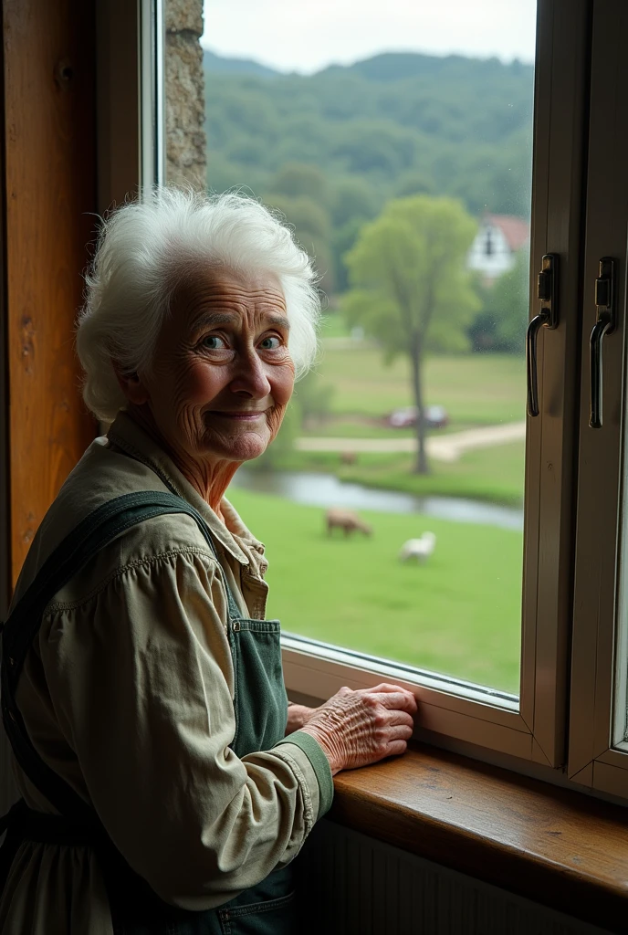 (photorealism:1.2), An elderly Asturian woman with short white hair SMILES looking with her green eyes at the camera alone about 2 meters from the camera while looking out of the window of her house where the green Asturian landscape can be seen. Through the window you can see the surroundings of the house with some animals and in the distance a river that runs parallel to the house. Behind the river the trees and the hills complete a striking landscape....The old lady&#39;s clothing is typical of the 70s and she is wearing an apron.