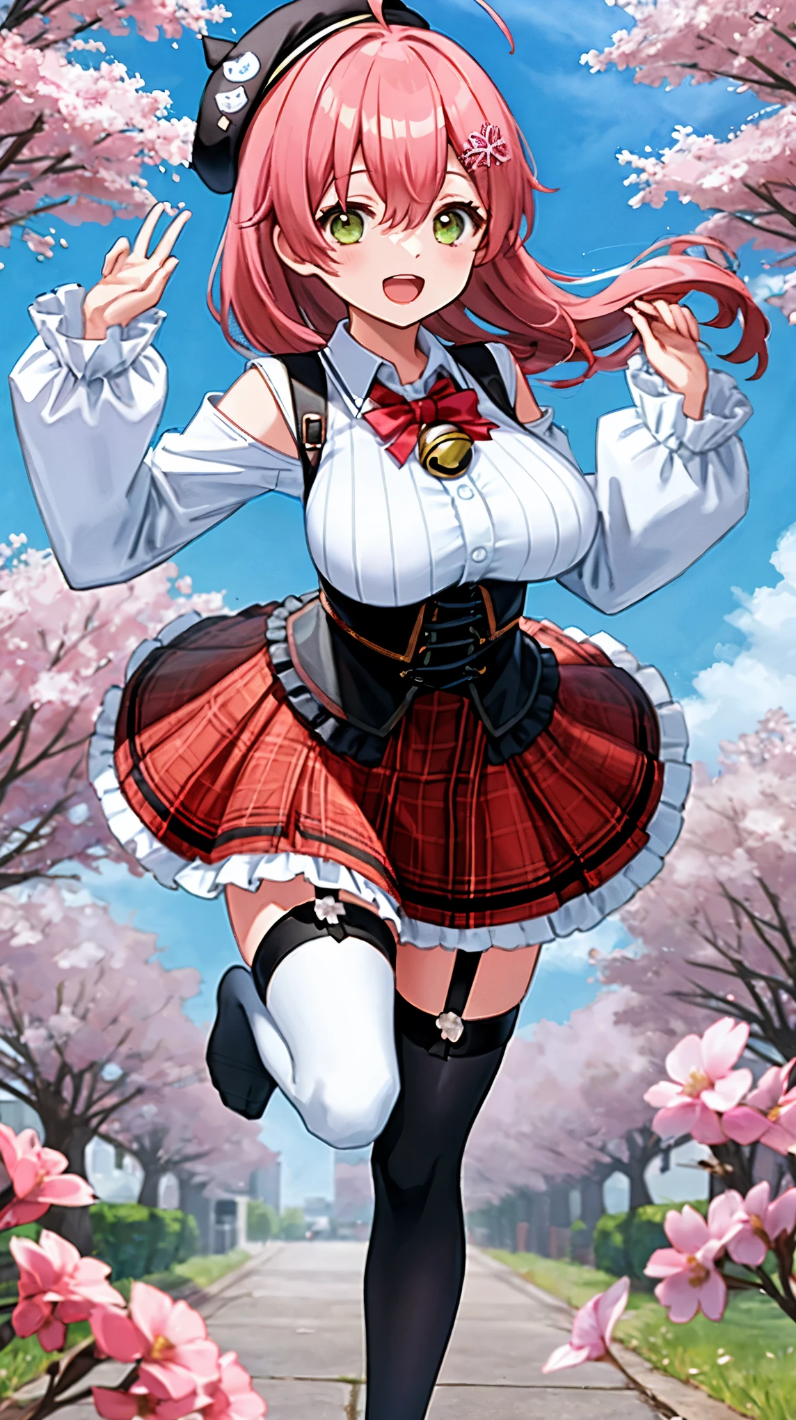 masutepiece, Best_Quality, hight_resolution, miko2,Ponytail, 1girl, Ahoge, black headwear, Hair Ornament, White shirt, black thighhighs, Pink hair, Red_skirt, very_short_skirt, plaid skirts, garter_strap, Collared shirt, hair clips, frilld, Bangs, hair between eye, frills skirt, beret, Pleated skirt, Hair Flower, Neck bell, , puffy long sleeves, Black bow, Underbust, Smile, (large_breasts:1.3),covered_nipples, green_eyes, happy, dynamic_angle,open_legs,(big_smile:1.2),plump,open_mouth,shout,half_eyes,cherryblossom_park_landscape_background,