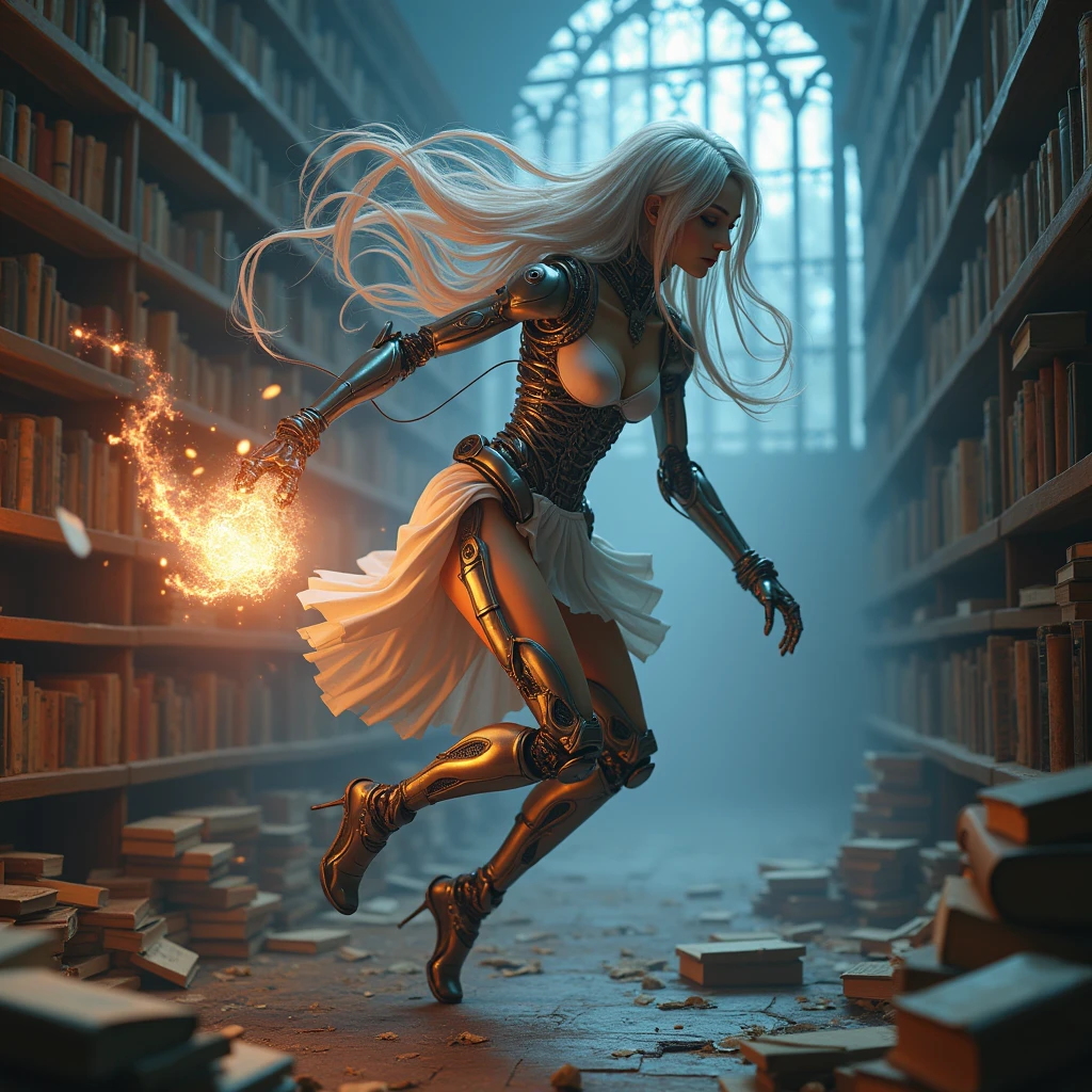 (A beautiful mechanical robot woman with extremely long flowing Holographic Multi-toned hair, wires showing, wearing Cage Skirt:1.2), (magical duel in a library, with books and scrolls flying around as mages cast spells and counter-spells:1.3) UHD, 4k, cinematic, (kawaiitech img:1.3), (action packed:1.3)