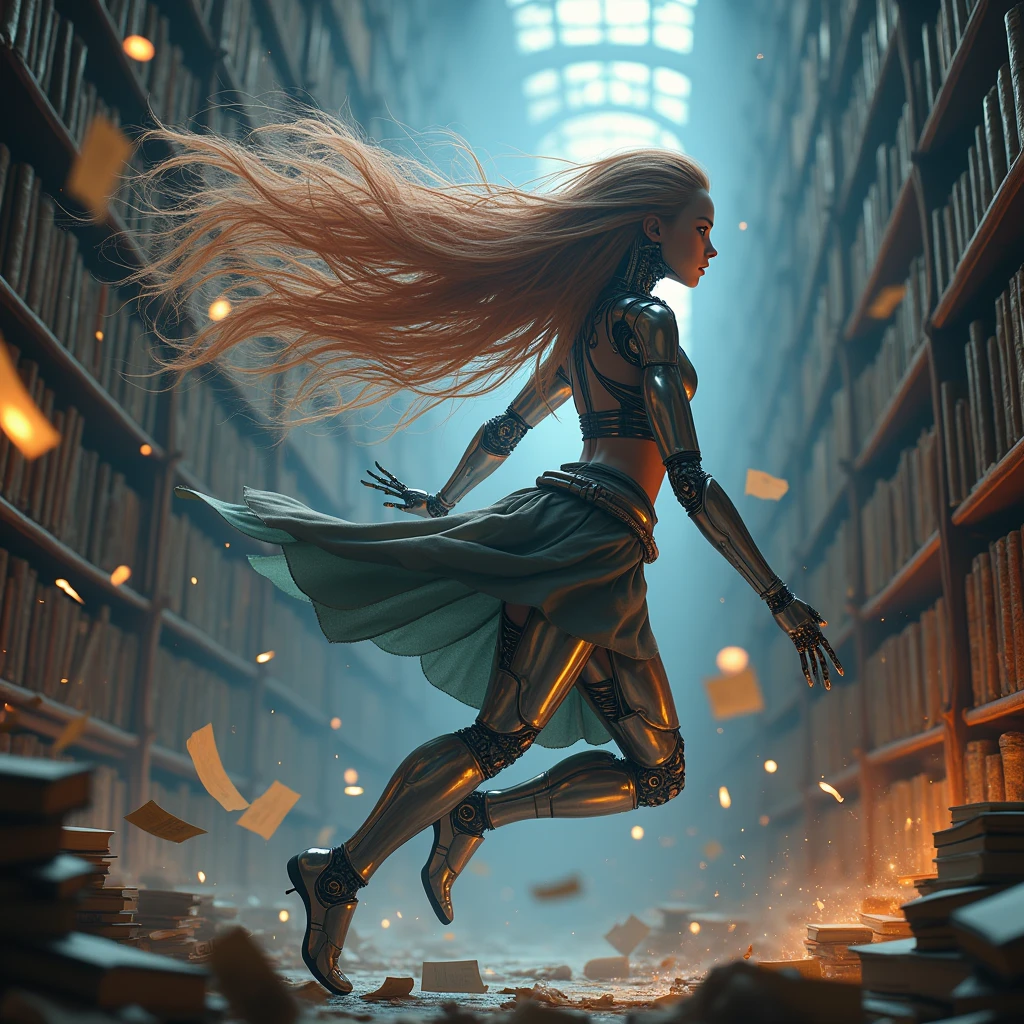 (A beautiful mechanical robot woman with extremely long flowing Holographic Multi-toned hair, wires showing, wearing Cage Skirt:1.2), (magical duel in a library, with books and scrolls flying around as mages cast spells and counter-spells:1.3) UHD, 4k, cinematic, (kawaiitech img:1.3), (action packed:1.3)