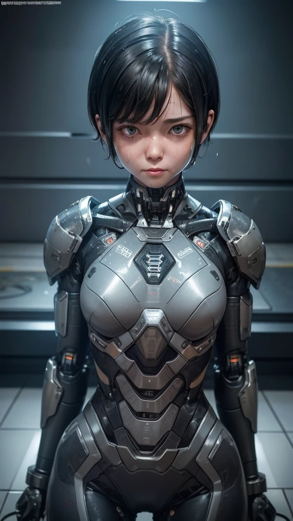 Highest quality　8k Cyborg Suit Girl　Heavy Armor　　Elementary school girl　Sweaty face　cute　Boyish short hair　Very short hair　Steam coming out of my head　My hair is wet with sweat　Black Hair　Broken and unable to move　　Lying down　Soaked Face　My crotch is wet