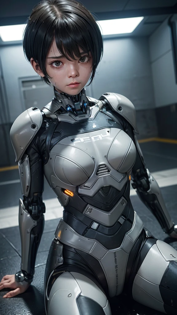 Highest quality 8k Cyborg Suit Girl Heavy Armor Elementary school girl Sweaty face cute Boyish short hair Very short hair Steam coming out of my head My hair is wet with sweat Black Hair Broken and unable to move Lying down Soaked Face My crotch is wet