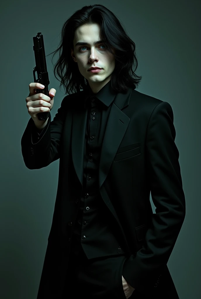 A pretty male with long black hair, with long lashes and teal blue eyes, dressed entirely in gothic black clothes. His skin is white and pale like a vampire, holding a gun to his head while smirking.