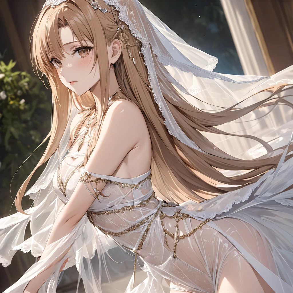 ((Highest quality)), ((masterpiece)), (detailed), （Perfect Face）、The woman is Yuuki Asuna, with light brown, semi-long hair, wearing a completely transparent outfit and veil, and adorned with luxurious accessories.