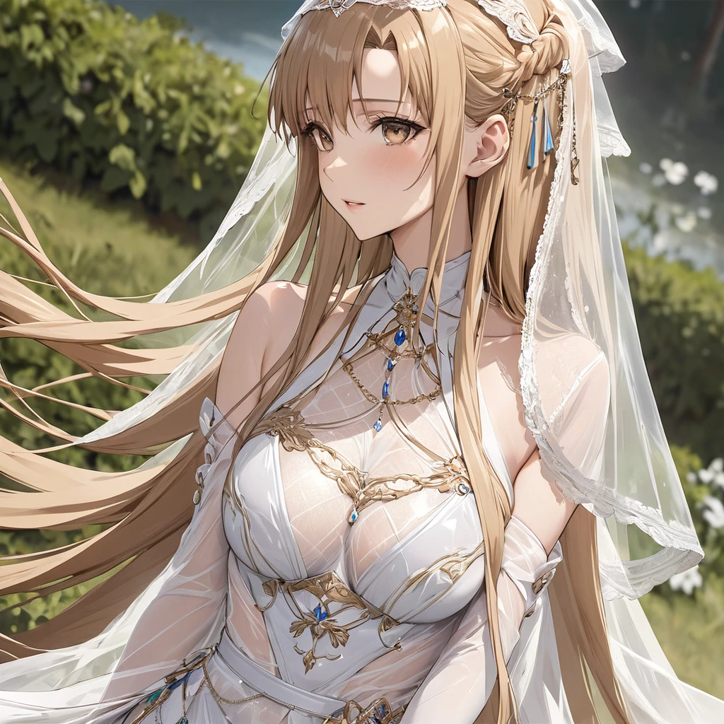 ((Highest quality)), ((masterpiece)), (detailed), （Perfect Face）、The woman is Yuuki Asuna, with light brown, semi-long hair, wearing a completely transparent outfit and veil, and adorned with luxurious accessories.