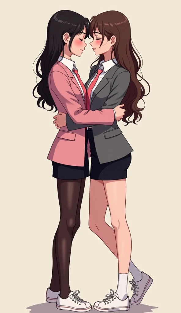 2girls yuri, "girl wear a white shirt, pink suit, pink necktie, short black pencil skirt, black tights, black underpants, white socks, white sneakers" and "girl wear a white shirt, grey suit, grey necktie, short black pencil skirt, black tights, black underpants, white socks, white sneakers", lesbian kissing, hugging, closed eyes, sensual body, novel cartoon, 4K, HD