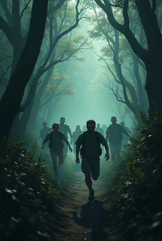 Hikers panicking and running through the dark forest.       Image  ratio 9:16