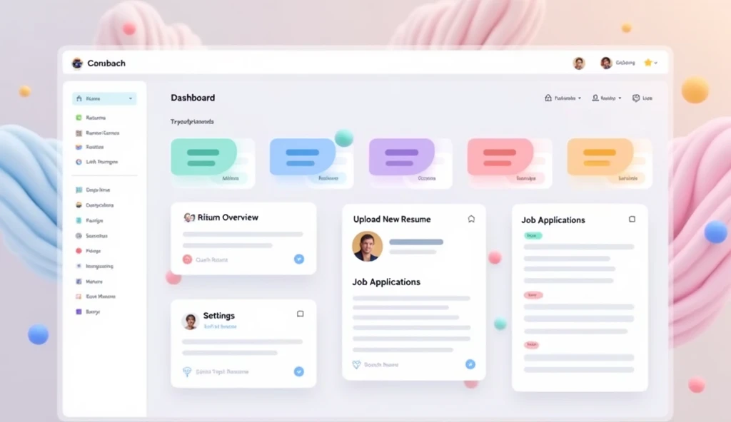Design a user-friendly pastel-themed UI dashboard for resume management. The dashboard should have soft, muted colors like light pinks, baby blues, lavenders, and mint greens. The layout should be clean and modern, with easy navigation. Key sections should include 'Resume Overview,' 'Edit Resume,' 'Upload New Resume,' 'Job Applications,' and 'Settings.' Incorporate icons that match the pastel color scheme, rounded edges for cards and buttons, and subtle animations for transitions. The overall aesthetic should be calming and professional, appealing to users who value organization and aesthetics in their job search process."