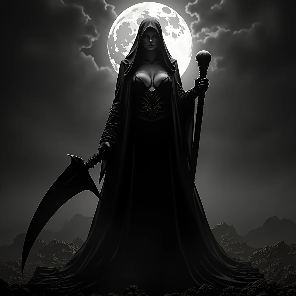 (Monochrome Grayscale: 1.2), A Gigantic Grim Reaper, Midnight Battlefield, Massive Scythe (Crescent Moon: 1.2), Pale, Fully Clothed, Overwhelmingly Busty, Standing with a Dominant Stance, Full-Body Shot, Front View from Below, Dark and Dramatic Cinematic Lighting, Covered Breasts Under a Mantle of Shadows