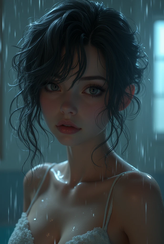 Mix 4, (8k, Live Shooting, Highest quality, masterpiece: 1.2), (Real, Photorealistic: 1.37), One girl, cute, night, rain, Wetty, Professional Lighting, Photon Mapping, Radio City, Physically Based Rendering, Gradient black hair, Gray Hair, Short Curly Hair, good looking, girl, Highest quality photos, High resolution, 1080P, (Clear Face), (Detailed face description), (Detailed hand description), (masterpiece), (Exquisite CG)、Extreme light and shadow、Disheveled Hair、Masterwork、Rich details、(Fine facial features)、(best quality photos)、(Masterpiece)、(Detailed eyes)、Look in front of you、Detailed clavicle、((Mid-breasted))、Nipple erection、sexly、Lady、Clear、Smooth Hair、Clothes are not shiny、naked、Only one bath towel、Wet hair