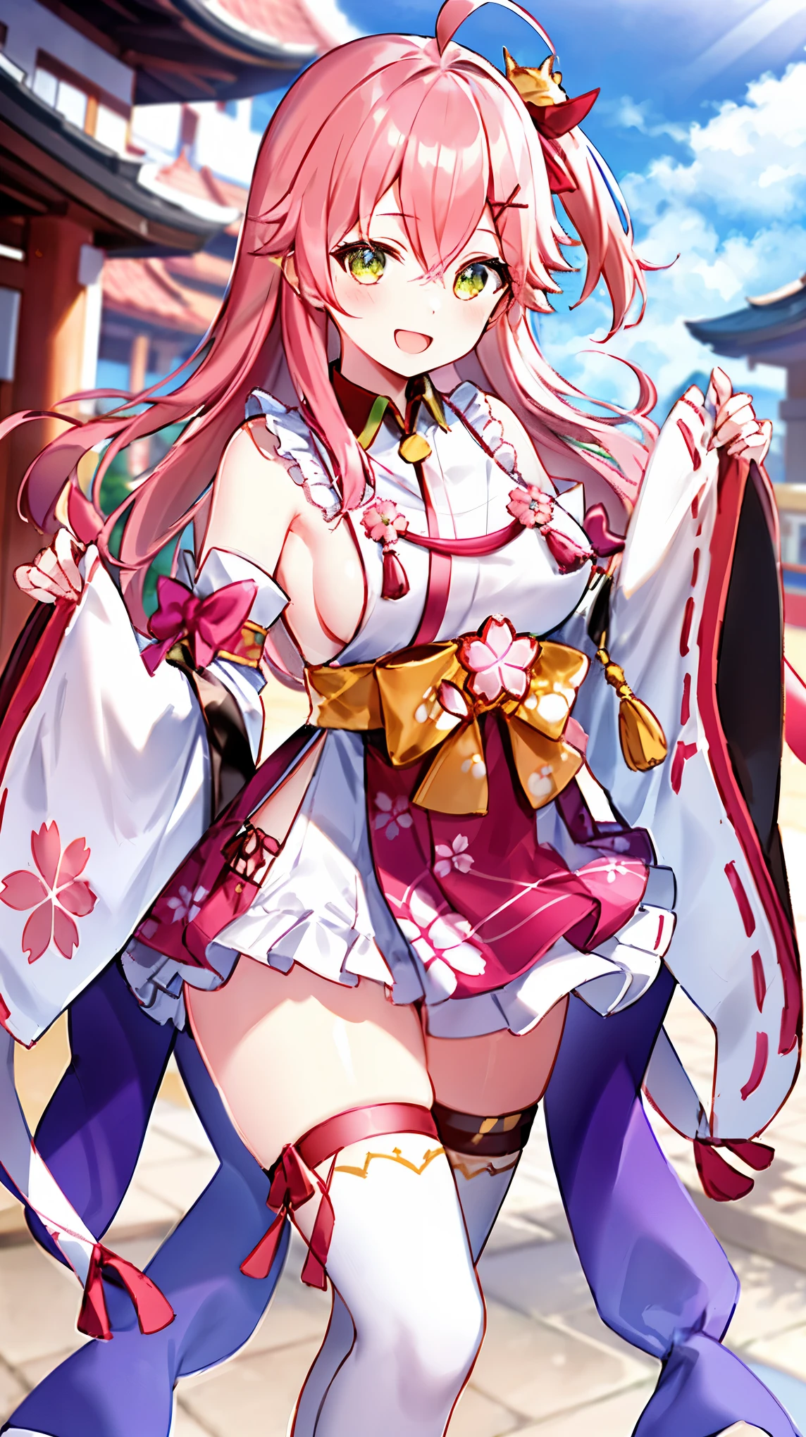 masterpiece, best quality, highres, miko1, sakura_miko, 1girl, big_boobs, solo, ahoge, x_hair_ornament, pink_hair, floral print, hairclip,(side_less_clothes:1.5), (side_boobs:1.5), hair_bell, floral print, long_hair, hair between eyes, one side up, white thighhighs, asymmetrical legwear, wide sleeves, open_mouth,(happy:1.3),gleen_eyes,big_smile,(rise_leg:1.3),plump,apart_legs,(overly_long_sleeves:1.3),),sleeves_past_wrists,hands_hidden_sleeves,sidelock_clothes,dynamic_posing,solo,hidden_wrists,(XD:1.4),covered_nipples,sunlight,cherryblossom_temple_landscape_background,