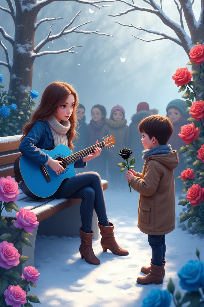 One good looking girl sitting on the bench and she is playing guitar with singing songs and some people are listing her.. voice and atmosphere is filling of snow and winter season so that's why everyone where sweater beautiful caps but that girl is just looking like a wow her eyes are blue and her hairs are stylish broun colour and her were beautiful whole shoes and the colour of guitar is blue. And some plants of roses are available and some different colours of roses like blue pink purple red etc. and one boy purpose that girl with black rose. 
