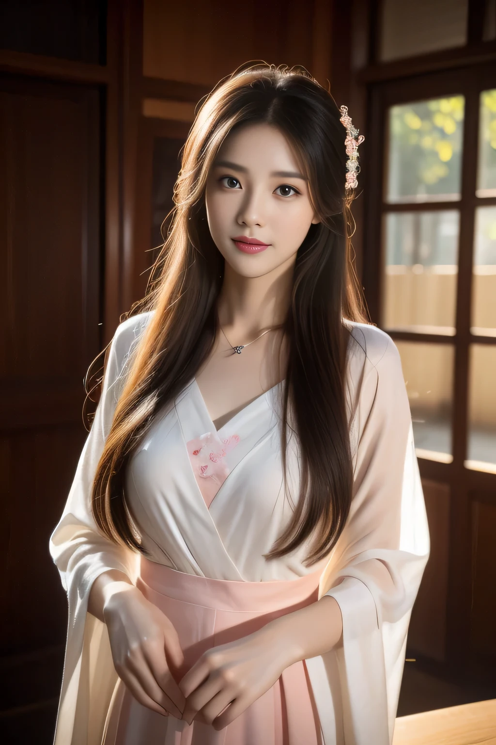 best quality, masterpiece, high resolution, 1 Girl,blush,(Charming smile:0.8),Star-shaped pupil,china hanfu,Hair accessories,necklace, Jewelry,Pretty Face,Above_Body, Tyndall effect,Reality, Dark Studio, Edge lighting, Two-tone lighting,(High Detail Skin:1.2), 8K uhd, Digital SLR Camera, Soft lighting, high quality, Volumetric Lighting, frank, photo, high resolution, 4K, 8K, Bokeh