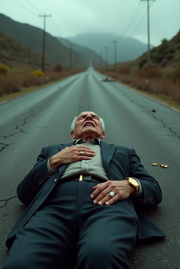 Rich old man lieing on road due to heart attack