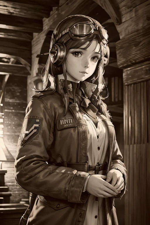 monochrome photography, High resolution, Ultra-detailed, Highly detailed CG Unity 8k wallpaper, Realistic, Photorealistic, RAW Photos, Beautifully detailed face, Realistic glowing skin, Detailed cloth texture, Detailed hair texture, Perfect body, Beautiful Face, Accurate, Anatomically correct, Highly detailed face and skin texture, Natural neck length, (Beautiful Hands), (Fair skin:1.2), break, 1 beautiful girl, WWI pilot, military flight jacket, (Beautiful Hands), Very_beautiful_face, very_beautiful_eyes, even_eyes, (reading the letter:1,3), standing beside Fokker war plane, headset, 