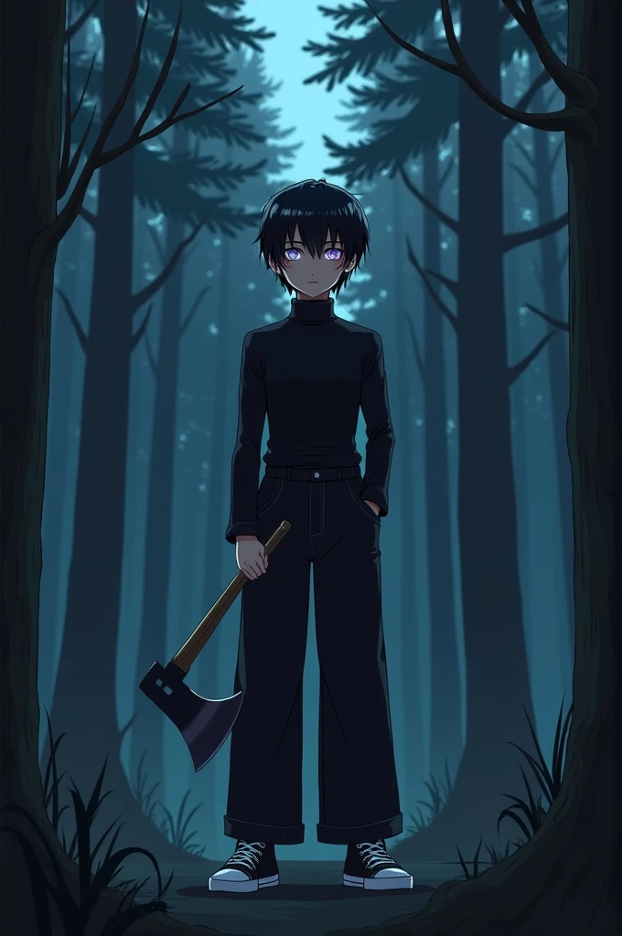 Then, Por favor, create the image of a 15-year-old effeminate boy with heterochromia in his eyes, one of which is white and the other brown. She has short hair with side bangs and two small strands in her hair., one pink and one blue. She wears a black turtleneck bodysuit, black wide-leg pants with side pockets and black ALL star sneakers. She is in the middle of a pine forest at night, His expression is serious and he is holding a hatchet.