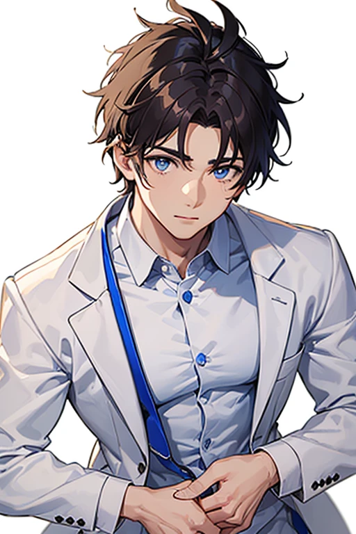 man in his 20s, Mexican, slim build, muscles, nurse uniform, white uniform, blue pants, brown hair, spiky hair, blue eyes, looking directly at viewer white background