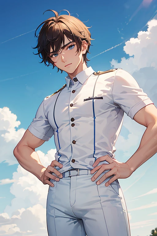 man in his 20s, Mexican, slim build, muscles, nurse uniform, white uniform, blue pants, brown hair, spiky hair, blue eyes, looking directly at viewer white background