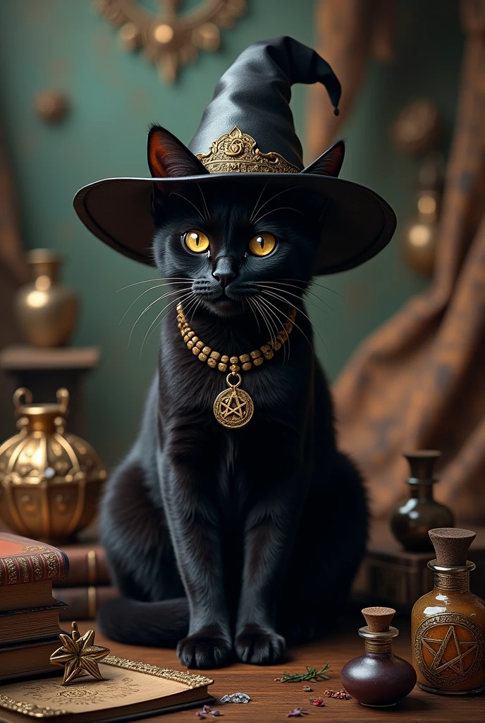 a cute black cat wearing witch'shat, in the style of dark amber and, hyper-detailed portraits, gothic fairytales, ethereal landscapes, hat, no humans, witch hat, cat, animal focus, animal, pumpkin, indoors, black headwear, wiccan artifacts, hyper-detailed,ultra-realistic, 8k,ultra-realistic, hyper-detailed, 32k uhd, (Background is Luxury witches room and magic room) Magic Items, Magic Bottle, Large Magic Bottles, Elven Magic Bottle, Fairy Magic Bottle, hexagram, Crystal Magic, magic books wiccan, Luxury hexagram necklace, luxurious witch necklace, Witch spices, Magic Spices