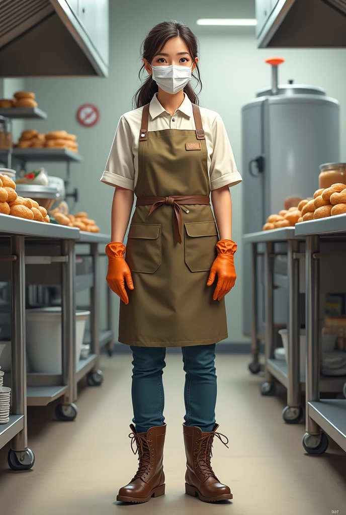 In 2d a lady with an apron, remember, gloves, face mask, Boots, of food industry 