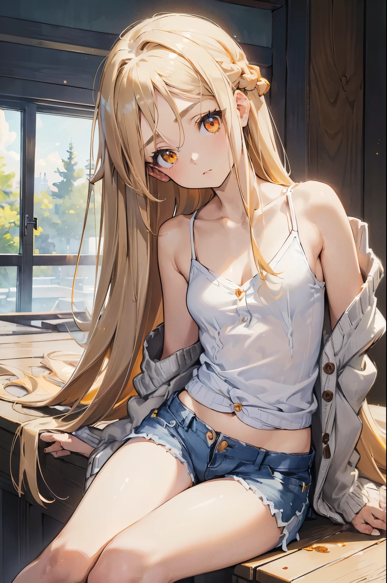 masterpiece, ultra detailed, 8k portrait, RAW photo, portrait photography, Highly detailed face, beautiful and meticulous eyes, (amber color eyes:1.5), 15 years old, (tilt one's head:1.5), (sitting:1.5), indoor, (white thin camisole:1.5) and (Lowrise blue shorts:1.5), (navel:1.2), (ultra long white summer cardigan:1.5), cute girl, long hair, (white yellow hair), (shoulder length hair:1.5), show forehead, one side parted hair, hairpin, (sleepy face:1.0), young girl, 1girl, beauty girl, pretty girl, 159cm, 41kg, skinny:1.5, flat chest:1.5,