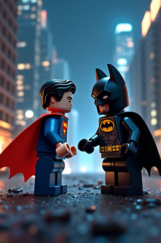 Superman and Batman in lego art, night