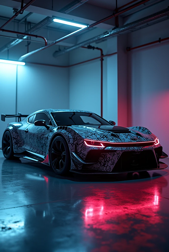 Cinematic soft lighting illuminates a stunningly detailed and ultra-realistic, details of this 16k photography masterpiece, futuristic luxury car, sports body kit for racing, with leds and anime painting wrap,