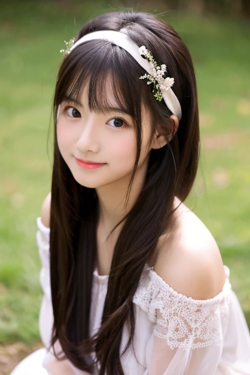 girl、Middle school students、14 years old、beautiful girl、cute、Long Hair、Headband、cute顔、Big Breasts、Cup size F、Height 160、Off-the-shoulder clothing、I can see your chest