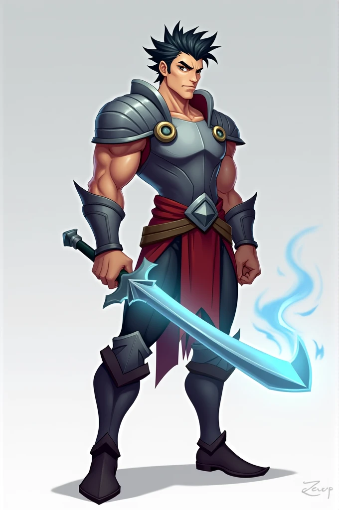 2d platformer game asset, game character, handsome warrior with short spiky black hair, wielding a magic sword, facing right,full body shot,plain background 