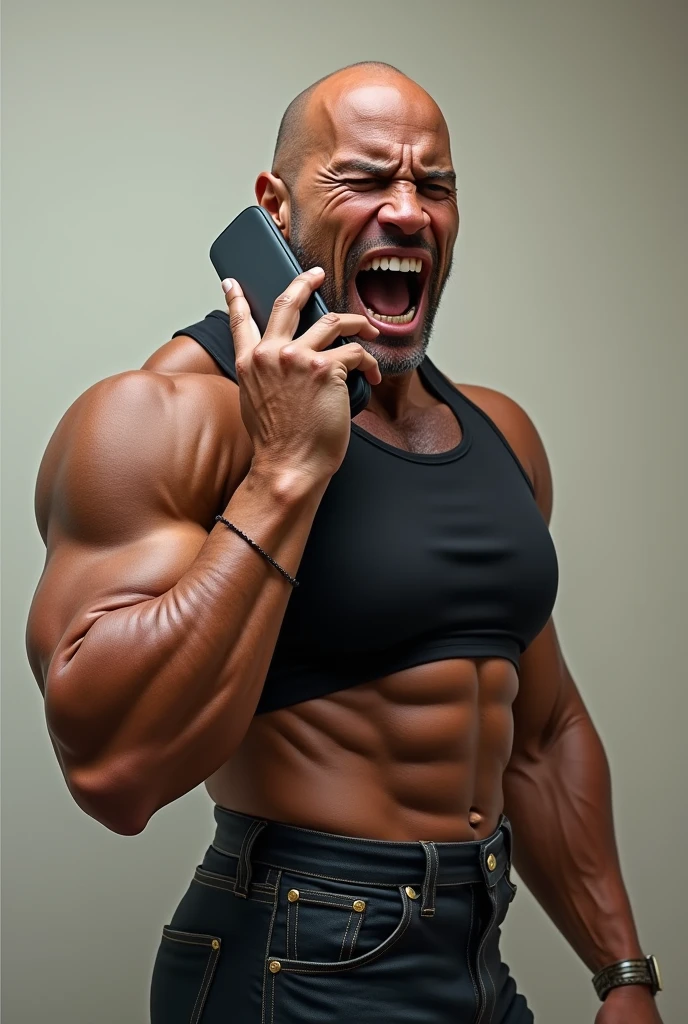 Dwayne Johnson the rock body of lady talking in the mobile phone,eyes bulging out mouth wide open, eyebrows raised shouting angrily 