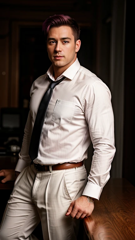 1 person,A 40-year-old muscular man,Wear a long-sleeved white shirt and tie,In black suit,full bodyesbian,leather shoes,gentlesoftlighting,tmasterpiece,best qualtiy,8K UHD,digital SLR camera,filmgrain,pink hair