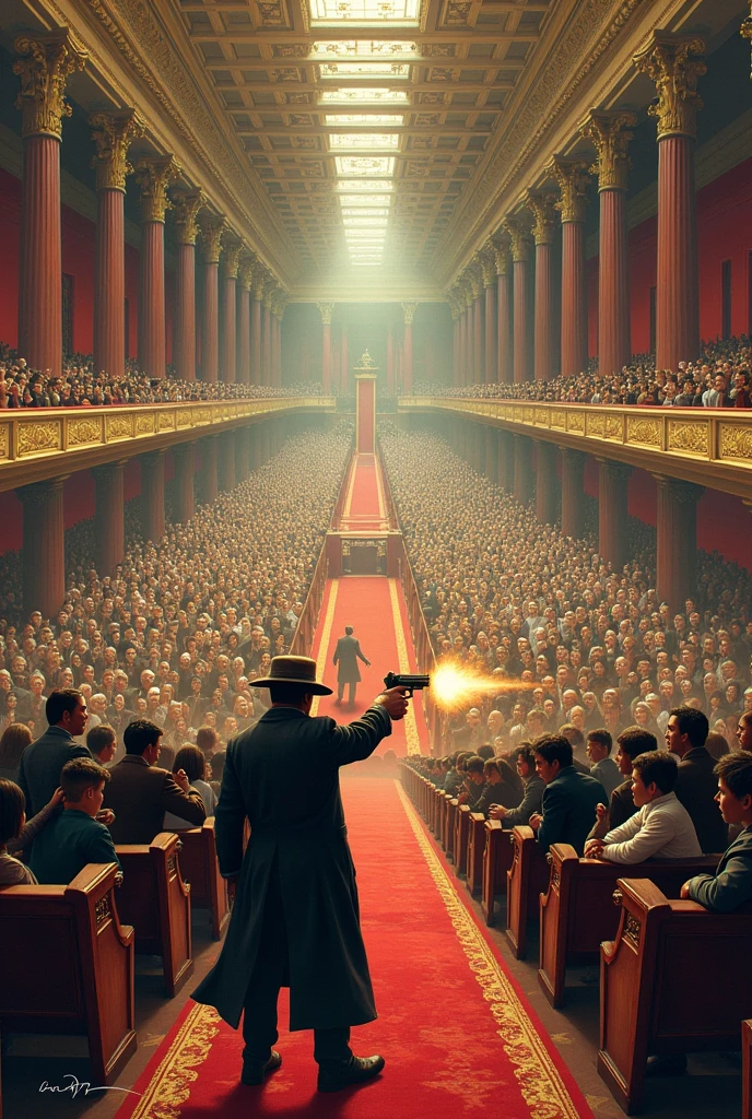 make a photo of hall ( assembly or parliament type )full of people ( photo should be from hight )
More clear photo and easy for draw
Make for easy to draw
Now make a man with hat and one gun shot one person
More clear and easy to draw
More easy
More and most east
Most easiest to draw for ???