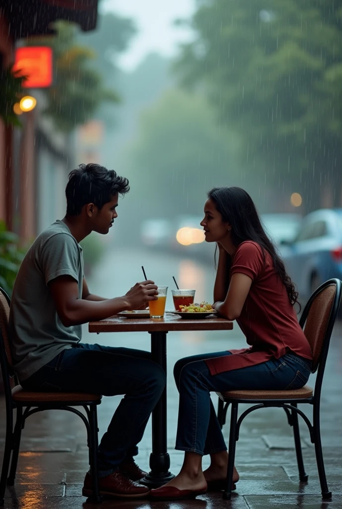 A boy age 27 south India from andhrapradesh wear jeans and t-shirt dusky skin and there was a girl age 25 north India from mumbai looks very modern she wears western dress looks very beautiful and active. Both are went restaurant. They sat opposite. Having lunch.Cloudy skies and full raining.