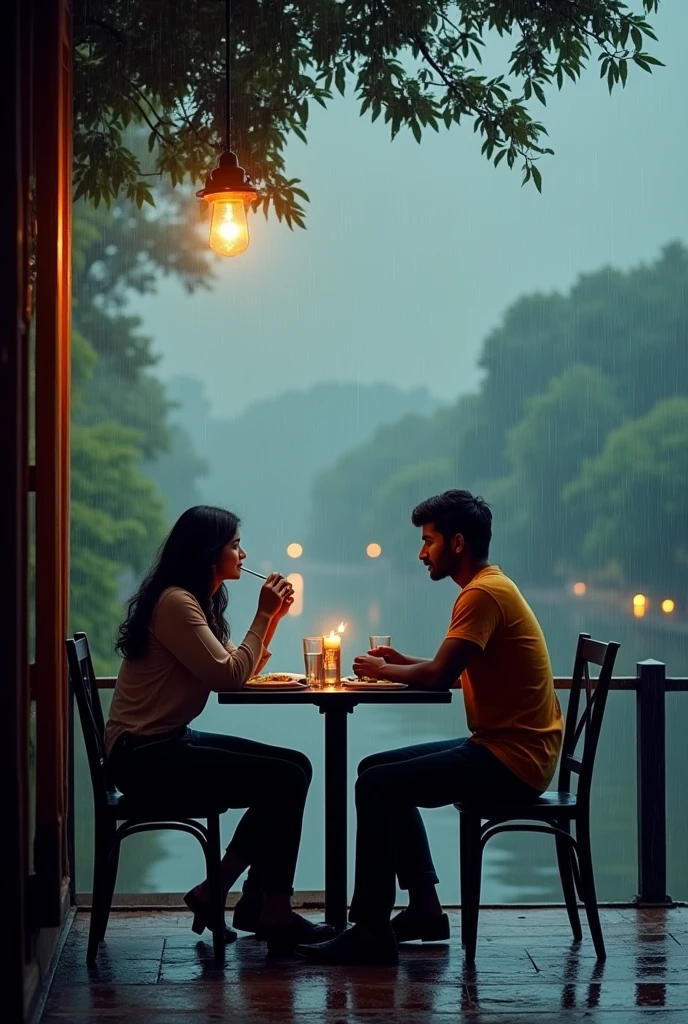 A boy age 27 south India from andhrapradesh wear jeans and t-shirt dusky skin and there was a girl age 25 north India from mumbai looks very modern she wears western dress looks very beautiful and active. Both are went restaurant. They sat opposite. Having lunch.Cloudy skies and full raining.