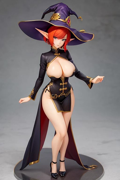 figure of Redhead, witch, sexy pose, big breasts, China dress, short hair, elf earns, witch hat