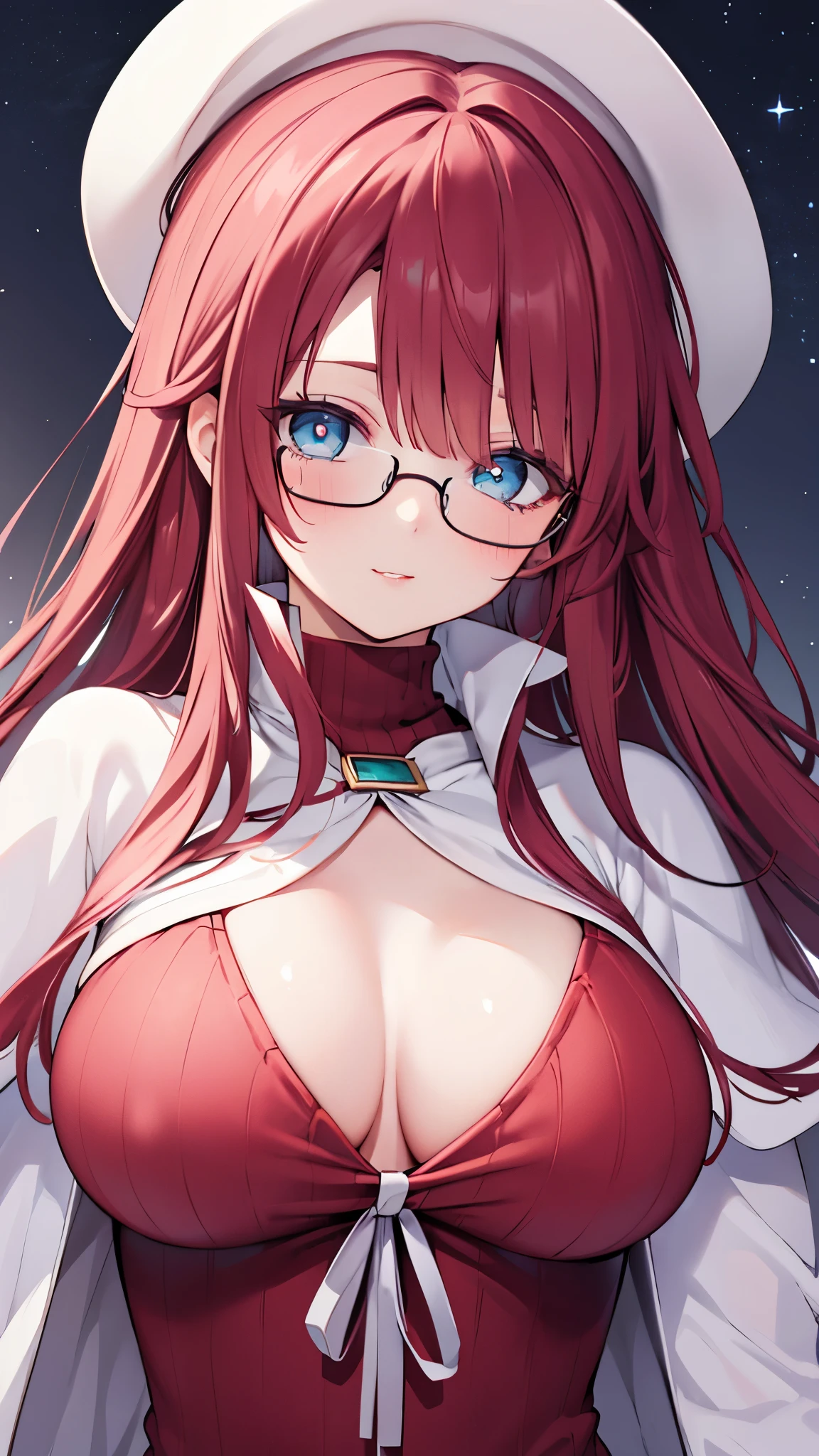 summonnightaty, aty, (young:1.3),long hair, blue eyes, red hair, big_tits, hat, glasses, BREAK long hair,, hat, dress,glasses, cape, sweater, beret,ribbed sweater,,solo, BREAK outdoors, fantasy, BREAK (masterpiece:1.2), best quality, high resolution, unity 8k wallpaper, (illustration:0.8), (beautiful detailed eyes:1.6), extremely detailed face, perfect lighting, extremely detailed CG, perfect anatomy),covered_nipples,half_eyes,sleepy_eyes,red_sweater,magical_effect,,Smile,closed_mouth,solo,in_modern_town_landscape,night_sky,solo,portrait,bust up,looking_viewer,shiny_lips,blush