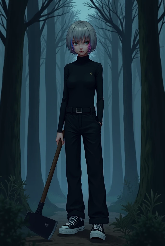 Then, Por favor, create a realistic image of a effeminate boy with heterochromia in his eyes, one of which is white and the other brown. She has short hair with side bangs and two small strands in her hair., one pink and one blue. She wears a black turtleneck bodysuit, black wide-leg pants with side pockets and black ALL star sneakers. She is in the middle of a pine forest at night, His expression is serious and he is holding a hatchet.