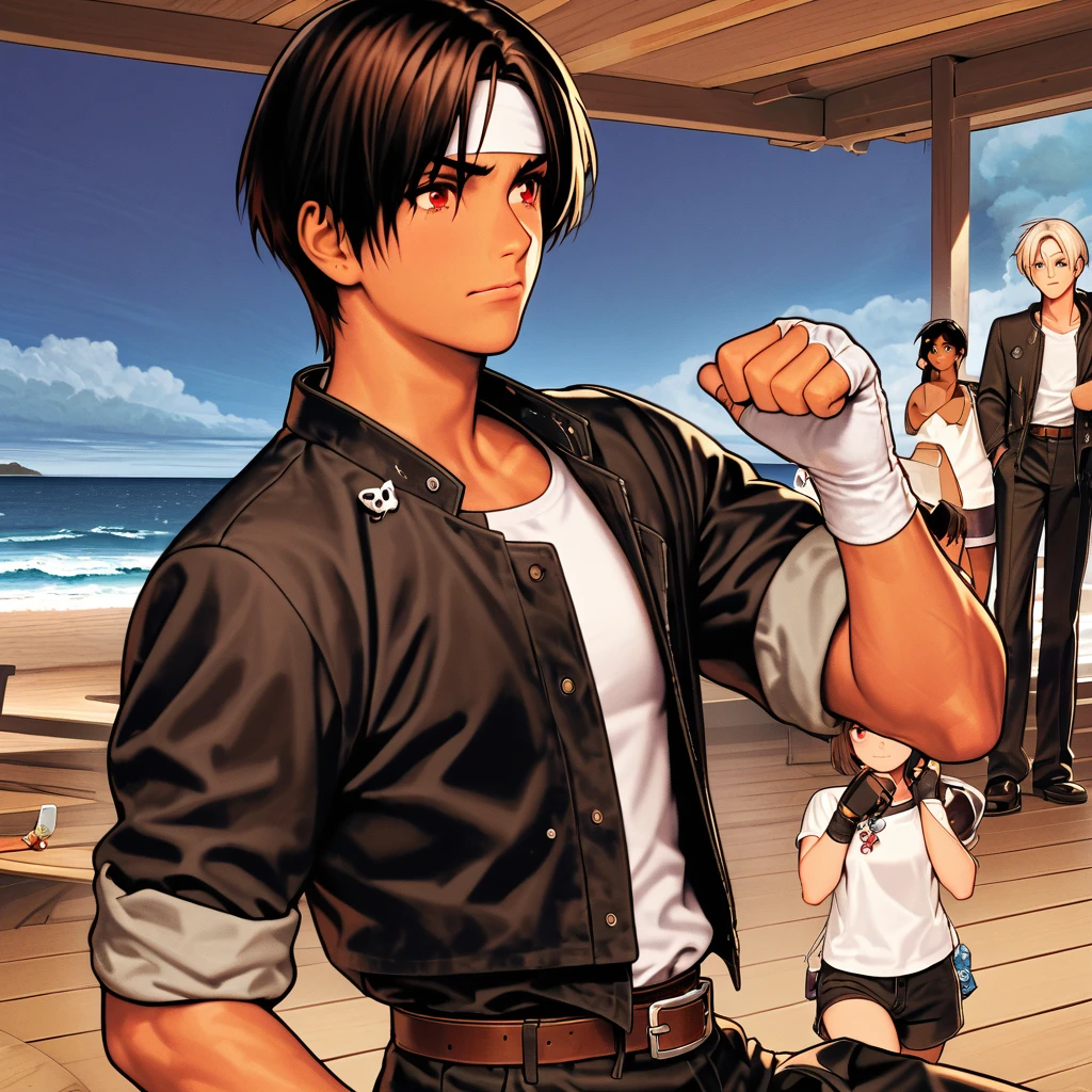 Orochikyo, Dark Skin,Red eyes,Black jacket, Fingerless gloves, White T-shirt, White headband, Black trousers, White shoes, Brown belt, good looking,indoor, charm, masterpiece, High resolution, Detailed face,fine grain, A confident grin,Dining with friends at a restaurant,speaking,Making a peace sign,Two students、While speaking, he demonstrates a gesture that is often associated with the peace sign. ((((Complete faithful finger))))