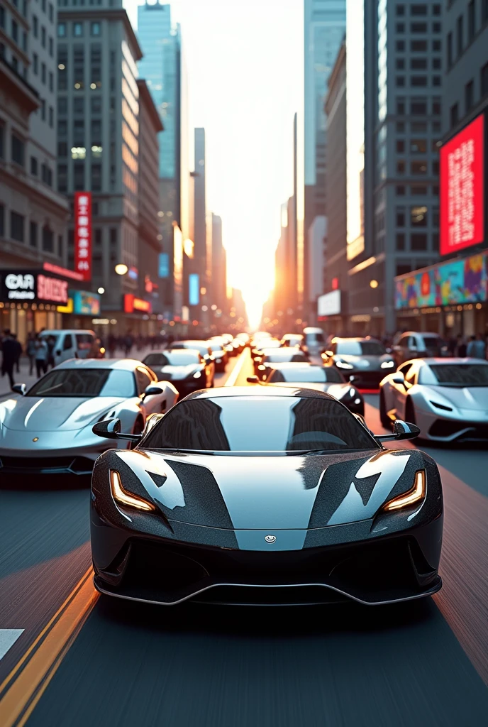 Luxury cars on city